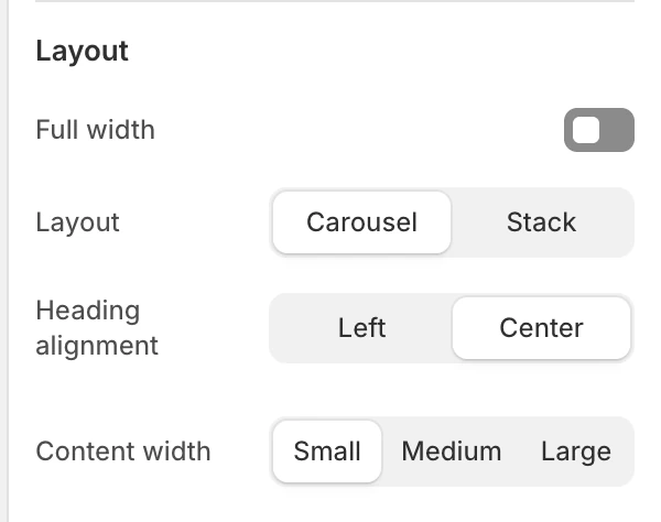 Featured products Layout settings in the Theme Editor: Full width, Layout, Products per row (desktop), Products per row (mobile), Heading alignment, Content width.