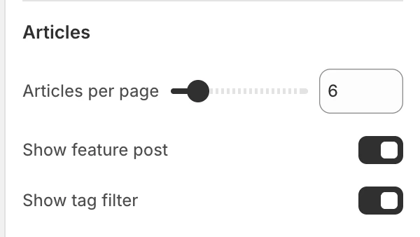 Blog Articles settings in the Theme Editor: Articles per page, Show feature post, Show tag filter.