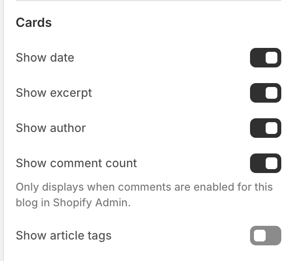 Blog Cards settings in the Theme Editor: Show date, Show excerpt, Show author, Show comment count, Show article tags.