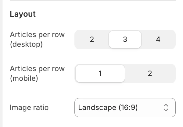 Blog Layout settings in the Theme Editor: Articles per row (desktop), Articles per row (mobile), Image ratio.