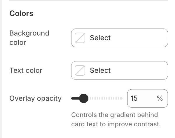 Collections grid Colors settings in the Theme Editor: Background color, Text color, Overlay opacity.