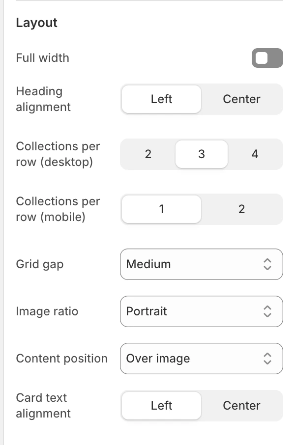 Collections grid Layout settings in the Theme Editor: Full width, Heading alignment, Collections per row (desktop), Collections per row (mobile), Grid gap, Image ratio, Content position, Card text alignment.