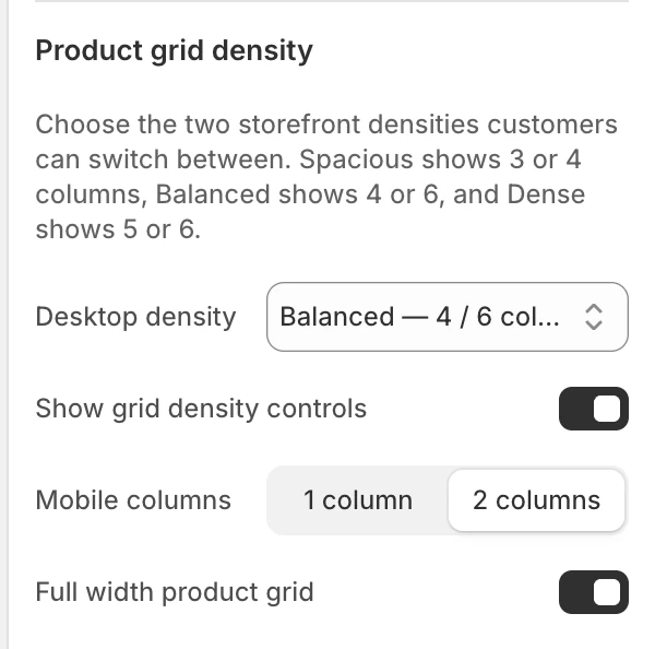 Collection Product grid density settings in the Theme Editor: Desktop density, Show grid density controls, Mobile columns, Full width product grid.