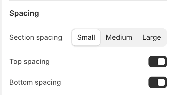 Collection Spacing settings in the Theme Editor: Section spacing, Top spacing, Bottom spacing.