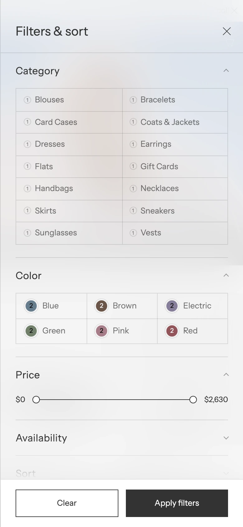 The filter drawer on mobile covering the screen with filter groups and buttons at the bottom.