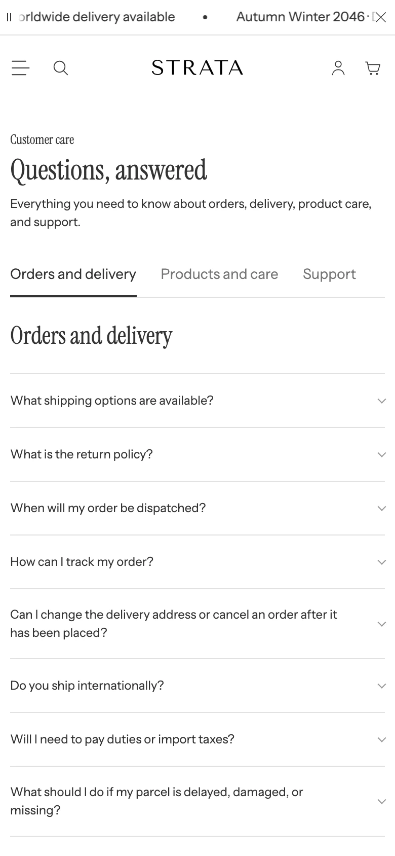The FAQ page on mobile with the introduction above the questions.