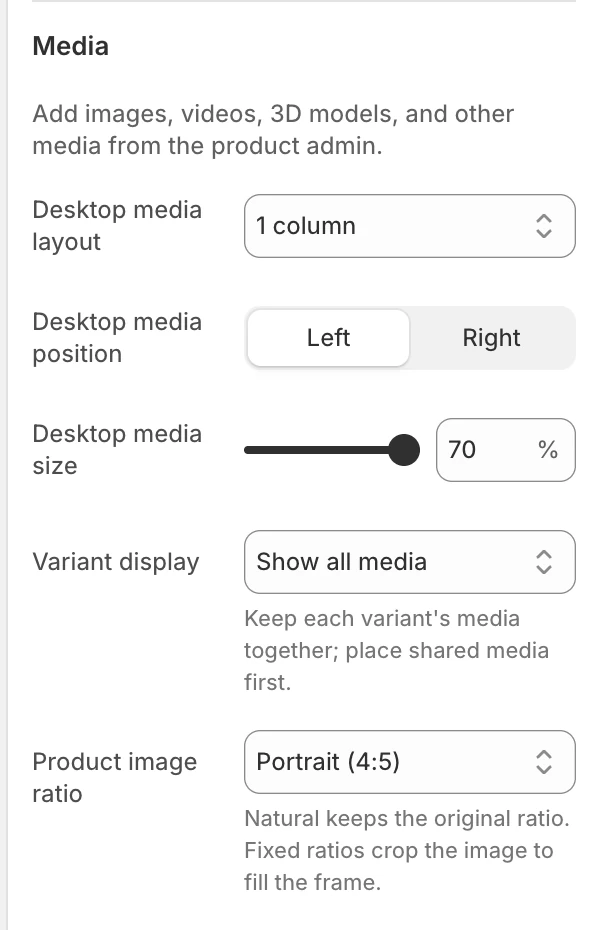 Product page Media settings in the Theme Editor: Desktop media layout, Desktop media position, Initial info panel state, Info panel position, Desktop media size, Variant display, Gallery gap, Product image ratio.