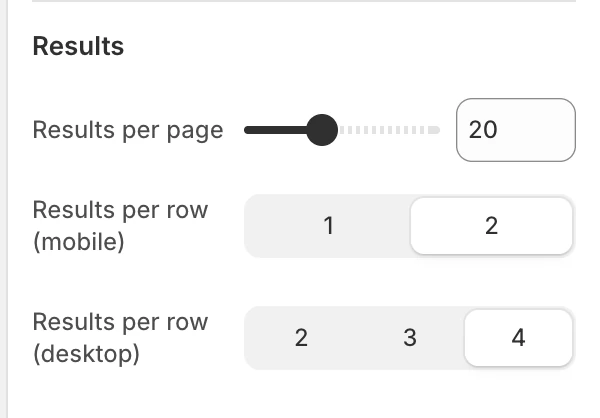 Search Results settings in the Theme Editor: Results per page, Results per row (mobile), Results per row (desktop).