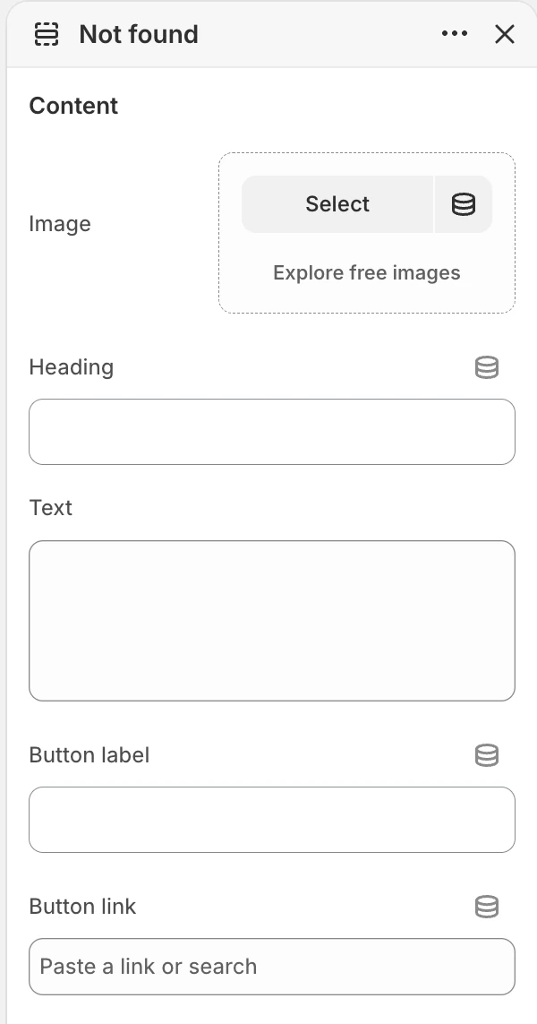 404 Content settings in the Theme Editor: Image, Heading, Text, Button label, Button link.