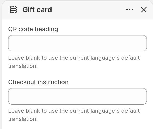 Gift card settings at the top of the panel in the Theme Editor: QR code heading, Checkout instruction.