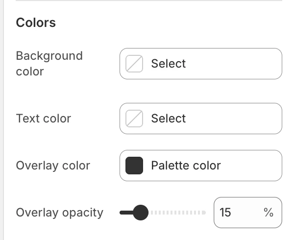 Password Colors settings in the Theme Editor: Background color, Text color, Overlay color, Overlay opacity.