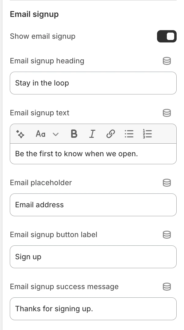 Password Email signup settings in the Theme Editor: Show email signup, Email signup heading, Email signup text, Email placeholder, Email signup button label, Email signup success message.