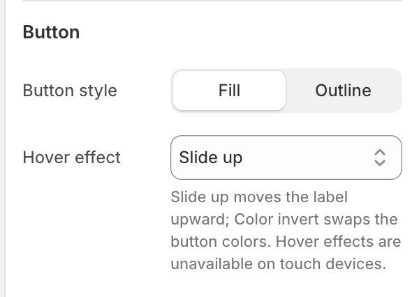 Appearance and spacing Button settings in the Theme Editor: Button style, Hover effect.