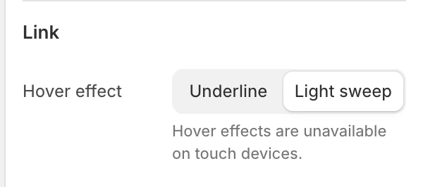 Appearance and spacing Link settings in the Theme Editor: Hover effect.