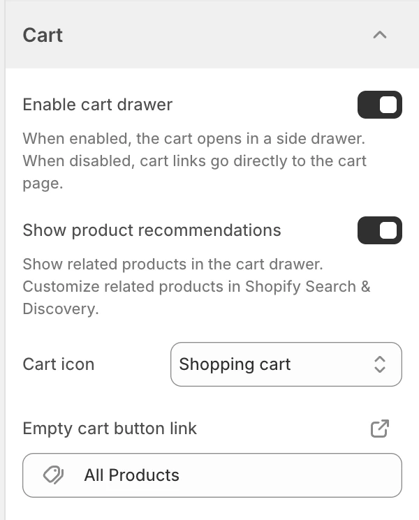 Cart settings at the top of the panel in the Theme Editor: Enable cart drawer, Show product recommendations, Cart icon, Empty cart button link.