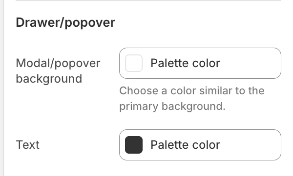Colors Drawer/popover settings in the Theme Editor: Modal/popover background, Text.