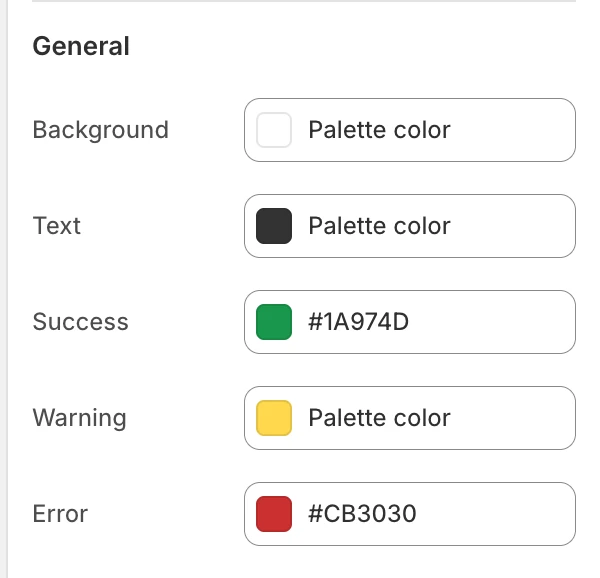 Colors General settings in the Theme Editor: Background, Text, Success, Warning, Error.