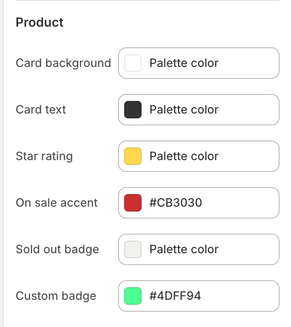 Colors Product settings in the Theme Editor: Card background, Card text, Star rating, On sale accent, Sold out badge, Custom badge.