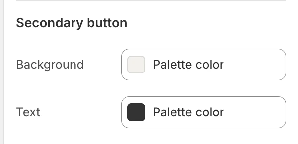 Colors Secondary button settings in the Theme Editor: Background, Text.