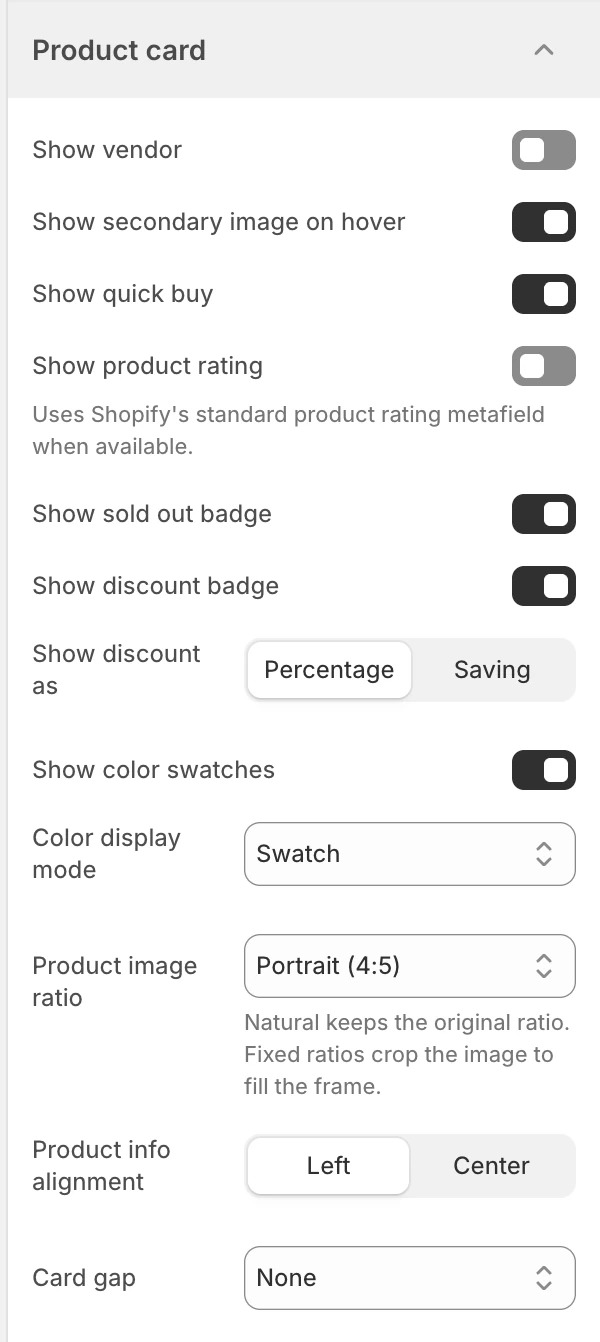 Product card settings in the Theme Editor: Show vendor, Show secondary image on hover, Show quick buy, Show product rating, Show product rating as, Show sold out badge, Show discount badge, Show discount as, Show color swatches, Color display mode.