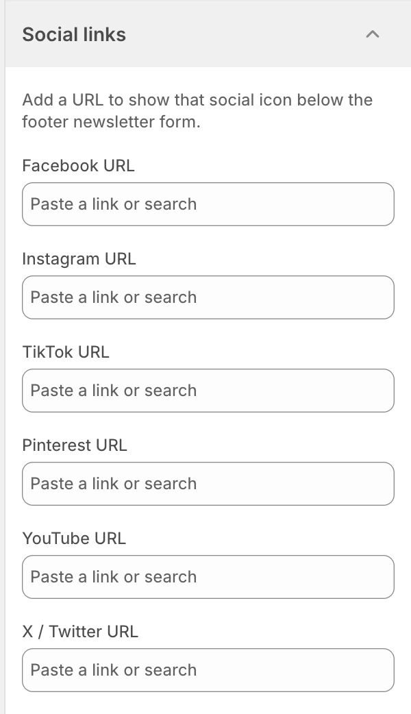 Social links settings in the Theme Editor: Facebook URL, Instagram URL, TikTok URL, Pinterest URL, YouTube URL, X / Twitter URL.