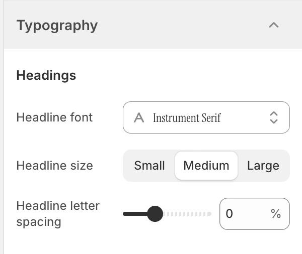 Typography Headings settings in the Theme Editor: Headline font, Headline size, Headline letter spacing.